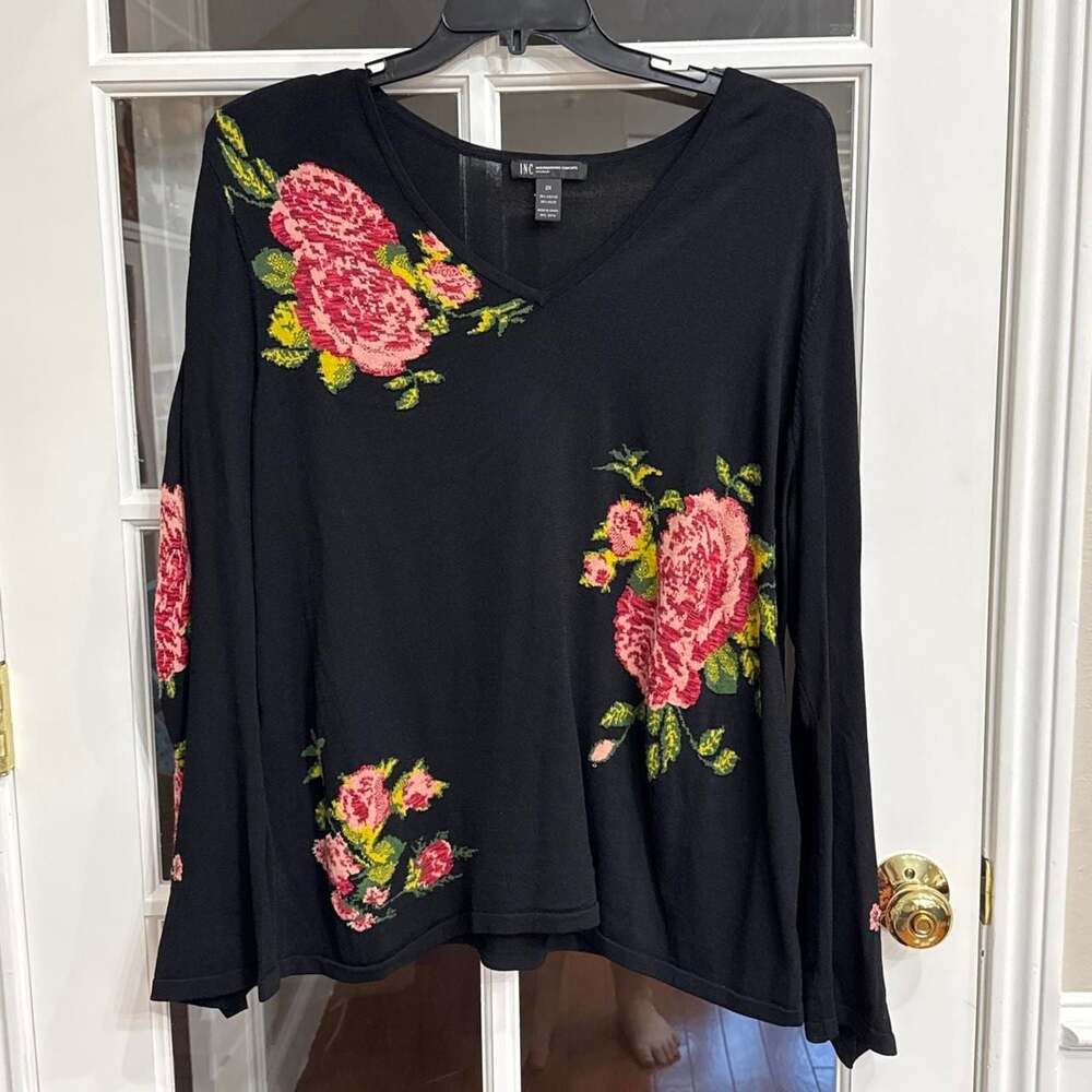 INC International Concepts Floral V-Neck Long Sleeve Sweater 2X